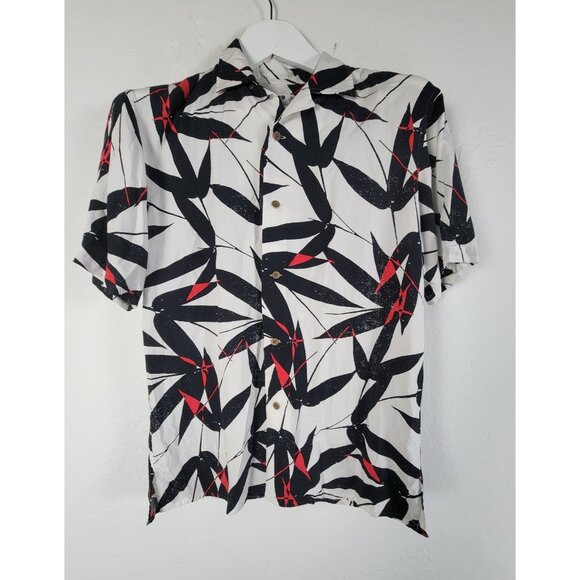 Uniqlo Mens Hawaiian Button-Up Shirt XS Leaf Print White Black Short Sleeve - Picture 1 of 8